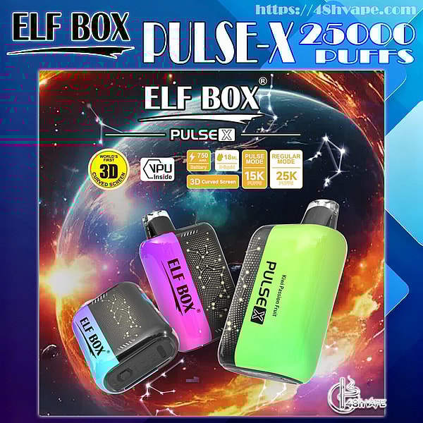 Colorful advertisement poster for the ELF BOX Pulse-X disposable vape showing three curved rectangular devices in green, purple and blue on a cosmic planet background, with large '25000 puffs' branding and small icons noting specs like 750 mAh battery, 18 mL e‑liquid and a 3D curved screen.
