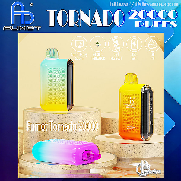 Three gradient-colored Fumot Tornado 20000 disposable vape devices—green-to-yellow, orange-to-yellow, and purple-to-cyan—are staged on round stone pedestals against a blue backdrop with icons showing smart display, e-liquid indicator, dual mesh coil, 850 mAh and 20 ml and prominent 'Tornado 20000 puffs' branding.