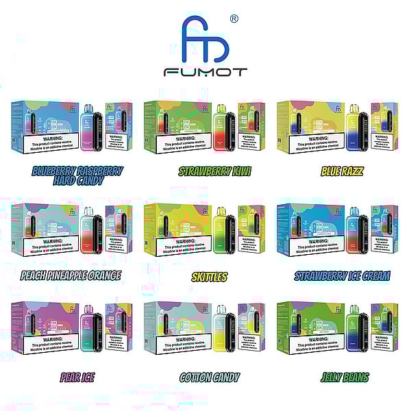 FUMOT logo above a 3x3 grid of nine colorful disposable vape boxes and matching devices, each labeled with flavors like Blueberry Raspberry Hard Candy, Strawberry Kiwi, Blue Razz, Peach Pineapple Orange, Skittles, Strawberry Ice Cream, Pear Ice, Cotton Candy, and Jelly Beans, with bright packaging and visible nicotine warning labels.