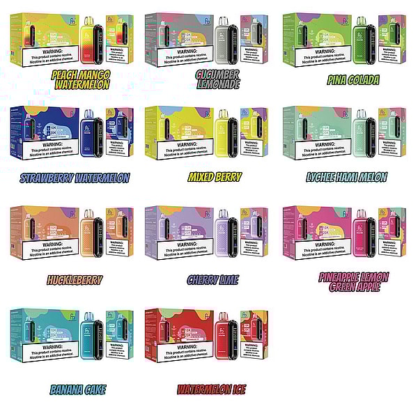 A grid of colorful boxed disposable vape devices arranged in rows, each box and matching device labeled with bold fruit-flavor names (for example Peach Mango Watermelon, Cucumber Lemonade, Pina Colada, Mixed Berry, Cherry Lime, Watermelon Ice) and featuring prominent nicotine warning labels on the packaging.