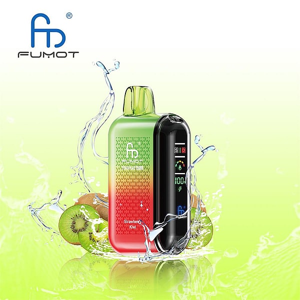 Compact green-to-red FUMOT vape pod with a glossy black side display showing icons and '100', surrounded by water splashes and sliced kiwis on a light green background with the brand logo at top left.