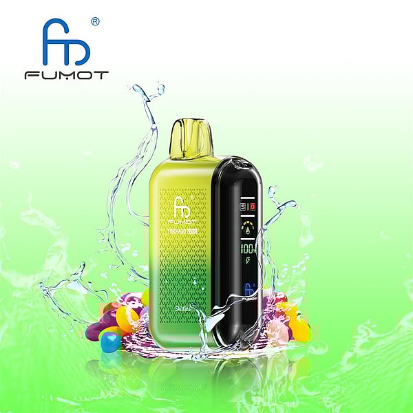 Compact green-to-yellow pod vape with a glossy black front display showing battery and settings, set amid splashing water and colorful round candies, with the FUMOT logo in the top left.