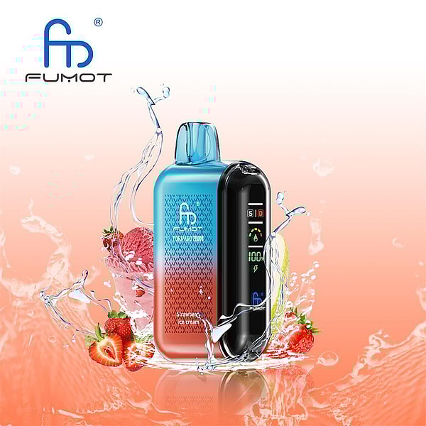 Blue-to-red gradient FUMOT Tornado 2000 vape pod with a black digital display showing 100 and icons, surrounded by water splashes and fresh strawberries suggesting strawberry ice cream flavor.