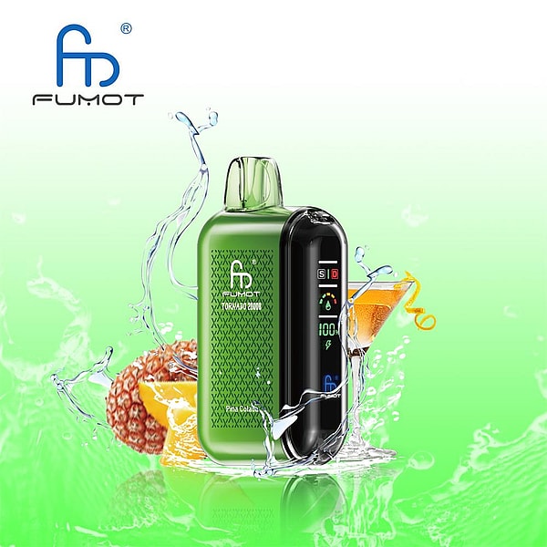 Green Fumot Tornado 2000 pod-style vape device with a black glossy front display showing status indicators, surrounded by splashing water, a pineapple wedge and a cocktail against a light green gradient background with the Fumot logo in the top left.