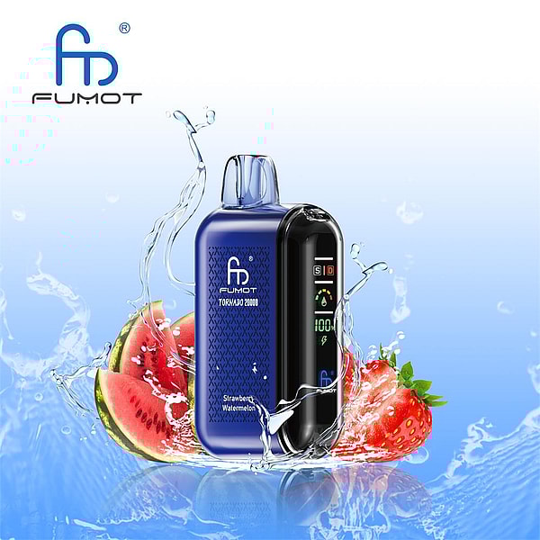 Blue and black FUMOT Tornado 20000 pod device with a digital display showing '100', pictured amid splashing water and fresh strawberry and watermelon slices against a light blue background.