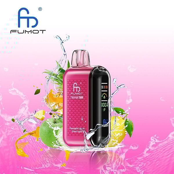 Pink FUMOT Tornado 20000 pod device with a black digital display reading 100, set against a pink gradient background with splashing water and pineapple and green apple halves, FUMOT logo in the top-left.