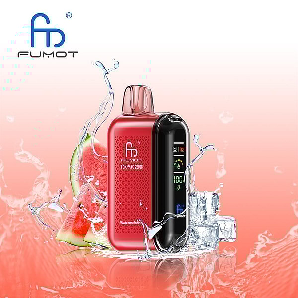 Red Fumot Tornado 20000 vape device with a black glossy display showing battery and settings, set in front of watermelon slices, ice cubes and splashing water on a pink gradient background with the Fumot logo.