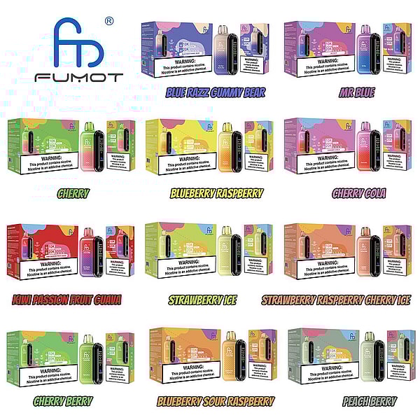 Fumot logo with a 3x4 grid of colorful disposable vape boxes and matching devices, each labeled with flavor names such as Blue Razz Gummy Bear, Mr Blue, Cherry, Blueberry Raspberry, Cherry Cola, Kiwi Passion Fruit Guava, Strawberry Ice, Strawberry Raspberry Cherry Ice, Cherry Berry, Blueberry Sour Raspberry, and Peach Berry, and showing prominent nicotine warning panels.