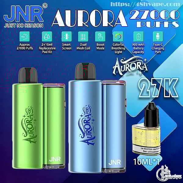 Advertisement showing two metallic Aurora JNR pod devices in green and blue with Aurora branding, a small 10ml e-liquid bottle, and icons and large text on a blue geometric background highlighting features such as 27,000 puffs, 900mAh battery, Type‑C charging, dual mesh coil, replaceable 2×10ml pod kit, boost mode and colorful breathing light.