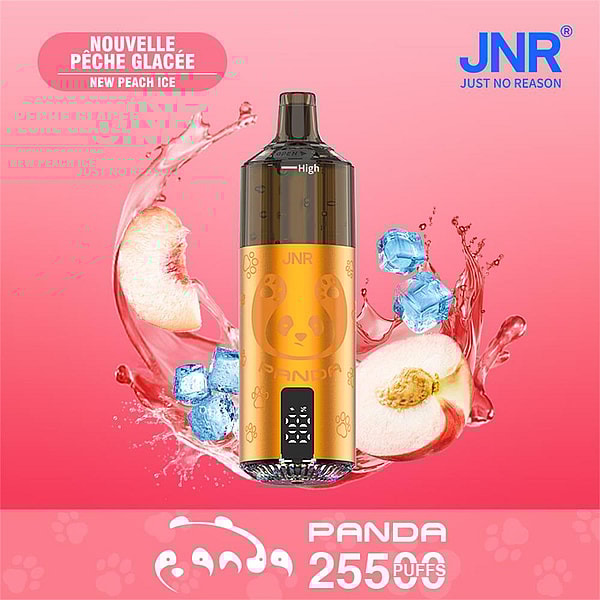 Bright pink advertisement showing a gold-orange JNR Panda disposable vape device centered with sliced peaches and ice cubes splashing behind it, labeled "Nouvelle Pêche Glacée / New Peach Ice" and "PANDA 25500 PUFFS" with the JNR logo.