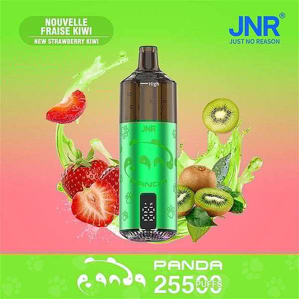 Green JNR Panda disposable vape device with panda logo and paw prints centered against a green-to-pink gradient, surrounded by splashing kiwi and strawberry slices and labeled "Nouvelle Fraise Kiwi / New Strawberry Kiwi" and "PANDA 25500 PUFFS".