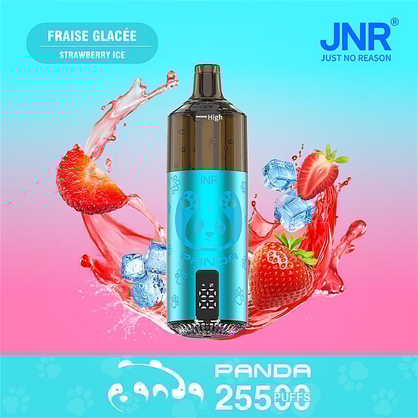 Turquoise JNR “Panda” disposable vape device with a panda logo centered on a pink-to-blue gradient background, surrounded by splashing strawberries and ice cubes and labeled ‘‘Fraise Glacée Strawberry Ice’’ and ‘‘25500 PUFFS’’.