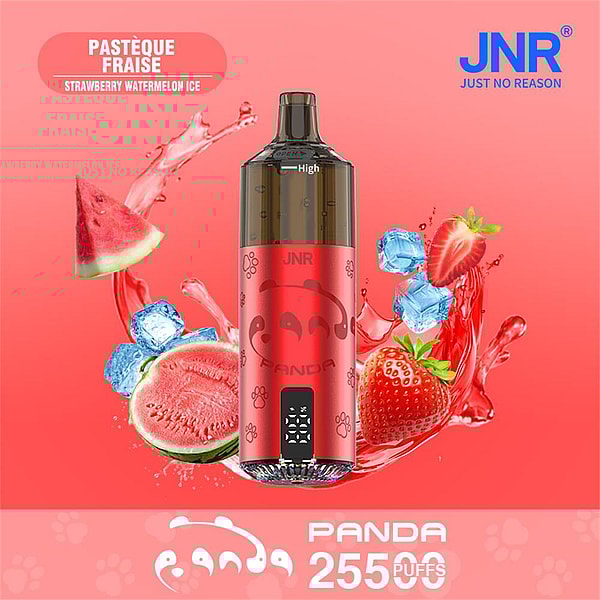 Red JNR Panda disposable vape with a panda-face design centered on a pink background, surrounded by splashing watermelon slices, strawberries and ice cubes and labeled 'Pastèque Fraise Strawberry Watermelon Ice' with the JNR logo and 'PANDA 25500 PUFFS'.