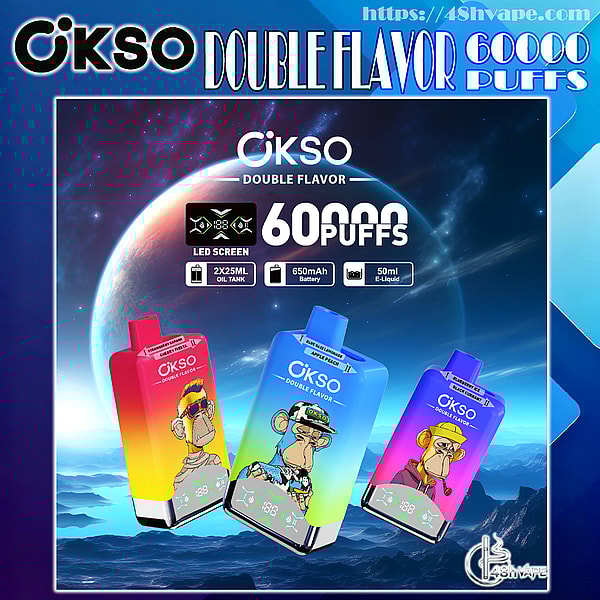 Colorful ad for OKSO Double Flavor disposable vapes showing three rectangular devices with cartoon ape illustrations floating over a planet-and-mountain space background, prominent "60,000 puffs" text and icons for LED screen, 2×25ml oil tank, 650mAh battery and 50ml e-liquid.