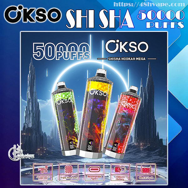 Three tall OKSO Shisha Hookah Mega vape devices with colorful abstract skins centered against a futuristic icy landscape, large text reading “50,000 puffs” above them and feature icons below for adjustable airflow, triple mesh coil, rechargeable Type‑C, 1100mAh battery, and 40ml e‑liquid.