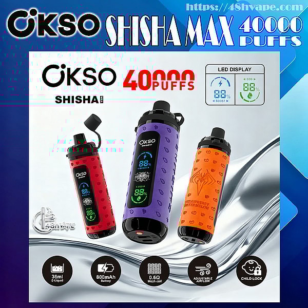 Advertisement showing three cylindrical OKSO Shisha Max disposable vapes in red, purple, and orange with front LED screens, large "40,000 puffs" branding at the top, and icons along the bottom indicating 36ml e-liquid, 800mAh battery, 0.6Ω mesh coil, adjustable airflow, and child lock against a blue-and-white background.
