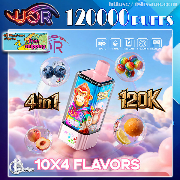 Colorful advertisement showing a pink-and-blue disposable vape device with a cartoon monkey on its body and a pink mouthpiece, large text reading “120000 puffs” and “120K,” labels “4 in 1” and “10x4 flavors,” fruit- and candy-filled bubbles (blueberries, peaches, lemon/orange slice, rainbow lollipops) floating on a cloudy sky background, and small icons indicating Type-C, 64 mL, 650 mAh, mesh coil plus an EU free-shipping badge.