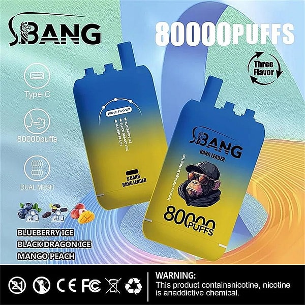 Advertising image of two blue-to-yellow gradient S.BANG disposable vape devices with a monkey logo and large '80,000 puffs' text, accompanied by flavor names (Blueberry Ice, Black Dragon Ice, Mango Peach), icons for Type‑C charging and dual mesh, a 'three flavor' note, and a nicotine warning.