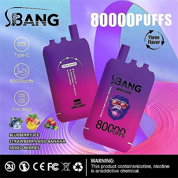 Promotional poster showing two purple-to-pink gradient S.BANG “Bang Leader” disposable vape devices with a bearded ape logo and large “80000 PUFFS” text, surrounded by icons for Type‑C charging, 80,000 puffs and dual mesh, fruit images and listed flavors (Blueberry Ice; Strawberry and Banana; Mixed Berries), with a nicotine-addictive product warning bar along the bottom.