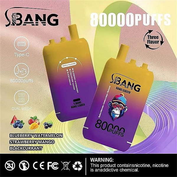 Advertising image showing two yellow-to-purple gradient disposable vape devices labeled S.BANG and 80000 puffs, with icons for Type-C and dual mesh, a ‘Three Flavor’ badge, flavor names Blueberry Watermelon, Strawberry Mango and Blackcurrant, and a nicotine warning and certification icons along the bottom.