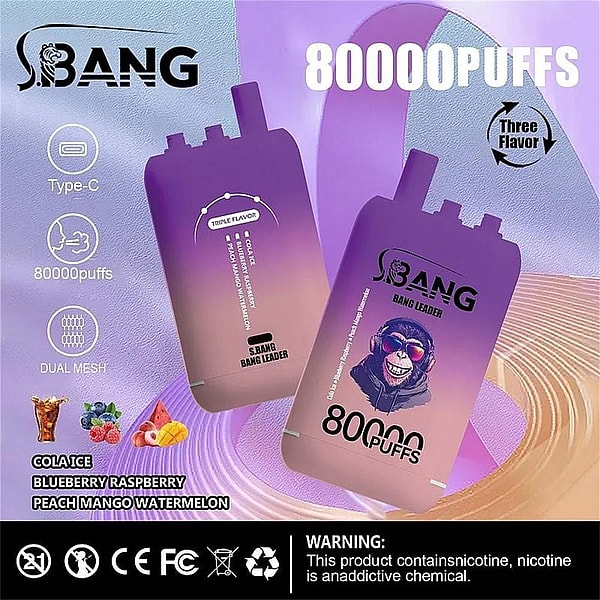 Purple-to-pink gradient packaging for S.BANG "Bang Leader" disposable vape prominently stating 80000 puffs, featuring Type-C charging and dual mesh icons, a Three Flavor label and flavor list (cola ice, blueberry raspberry, peach mango watermelon), with certification symbols and a nicotine addiction warning along the bottom.