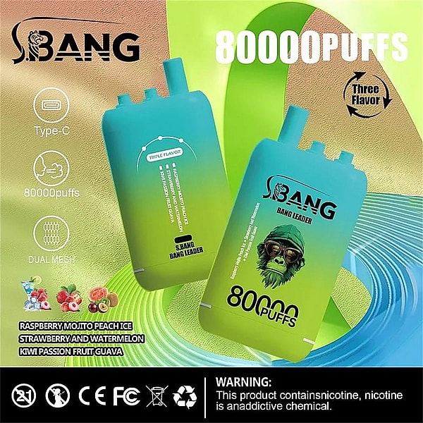 Bright green-to-blue gradient ad showing two S.BANG 'Bang Leader' disposable vapes with a monkey logo and large '80000 PUFFS' text, feature icons for Type-C charging and dual mesh, small flavor images and names, and a nicotine addiction warning at the bottom.