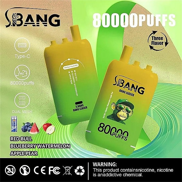 Bright green-to-yellow gradient advertisement showing two S.BANG disposable vape devices labeled 80,000 puffs, with icons for Type-C charging, dual mesh and triple flavor, listed flavors (Red Bull, Blueberry Watermelon, Apple Pear), and regulatory symbols plus a nicotine warning across the bottom.
