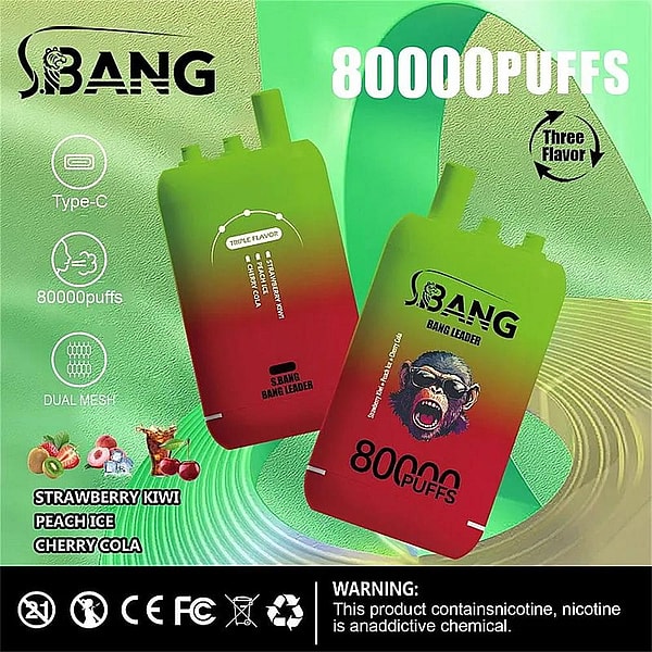 Bright green-to-red gradient packaging for S.BANG disposable vapes showing two rectangular devices with mouthpieces, large "80000 PUFFS" text, icons for Type-C charging and dual mesh, a "Three Flavor" label and listed flavors Strawberry Kiwi, Peach Ice and Cherry Cola, plus regulatory icons and a nicotine-warning bar at the bottom.