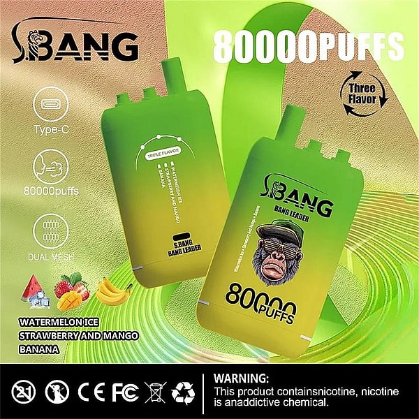 Green advertising image for S.BANG disposable vapes showing two rectangular green devices labeled 80000 puffs and “Three Flavor,” listing Watermelon Ice, Strawberry and Mango, and Banana flavors, with icons for Type‑C charging and dual mesh and a nicotine addiction warning.