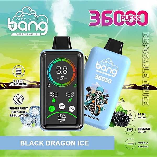 Promotional image for Bang disposable vapes showing two devices—one with a glossy black front displaying a colorful digital screen and control icons, and a light blue model labeled Black Dragon Ice with a motorcycle graphic—surrounded by icons highlighting features like dual mesh coil, fingerprint pressure regulation, 36 mL volume, 850 mAh battery, and Type‑C charging.