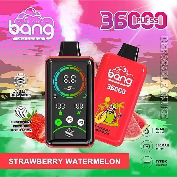 Two red Bang disposable vape devices—one with a digital display showing a puff counter, battery and mode icons and a fingerprint sensor, the other with branding and cartoon art—advertised as Strawberry Watermelon, 360 puffs, 36 mL, 850 mAh and Type-C charging.