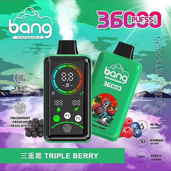 Bright green Bang disposable vape packaging showing two devices—one front-facing with a colorful circular digital display and fingerprint icon, the other tilted to reveal a skeleton-in-hoodie triple-berry artwork—set against a teal and purple vapor background with '360 PUFFS' branding, product icons (1.0Ω dual mesh, fingerprint pressure regulation, 36 ml, 850 mAh, Type-C) and a 'Triple Berry' flavor label.