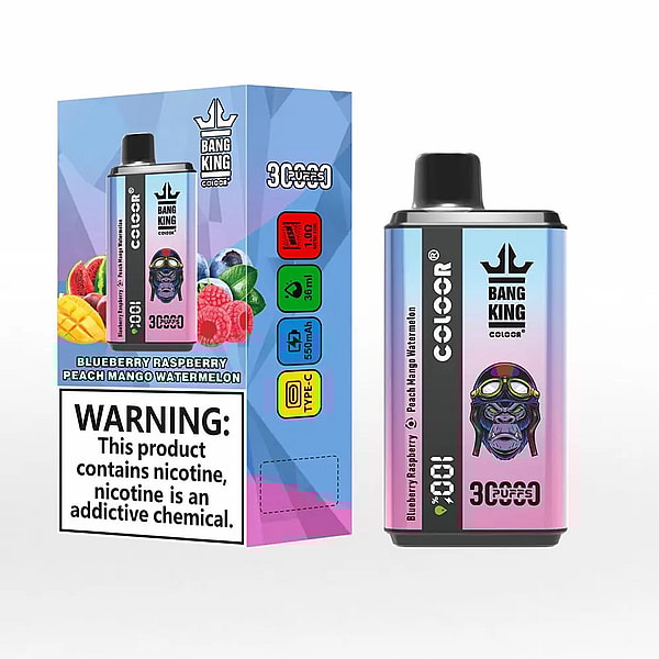 Colorful Bang King disposable vape and matching box showing a pastel-gradient device with a crowned purple gorilla wearing aviator goggles, fruit illustrations and listed flavors (blueberry, raspberry, peach, mango, watermelon), technical icons, and a prominent nicotine warning label.
