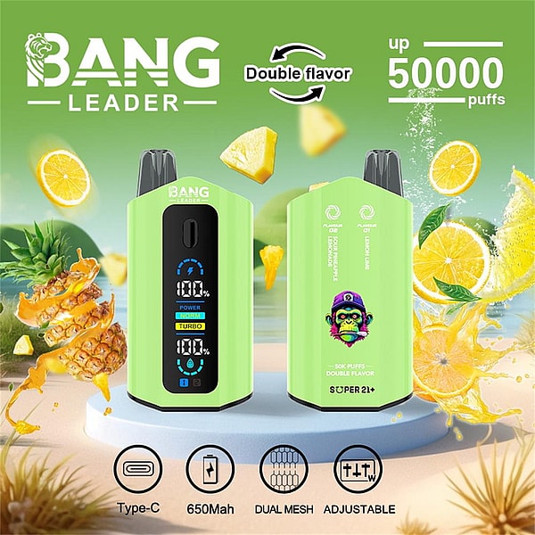 Two lime-green Bang Leader double-flavor vape devices—one showing a digital display and the other a monkey logo—set against splashing pineapple and lemon slices with text advertising up to 50,000 puffs and icons for Type-C, 650mAh, dual mesh and adjustable.