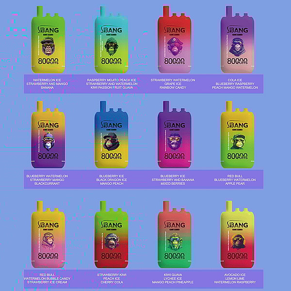 Grid of 12 colorful gradient disposable vape devices labeled Bang, each showing a stylized monkey face and '8000 puffs' text, arranged on a light blue background with purple caption bars beneath naming fruit-flavored varieties like watermelon, blueberry, strawberry, kiwi and cola.