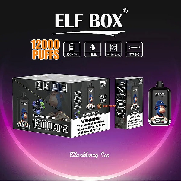 Packaging and device for an ELF BOX 'Blackberry Ice' disposable vape displayed against a purple gradient background, featuring a large retail box, a single-unit box and the pod device, prominent '12000 puffs' branding, icons for 500mAh battery, 25ml e-liquid, mesh coil and Type-C charging, and a visible nicotine warning label.