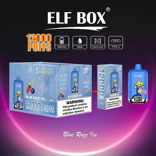 Blue ELF BOX disposable vape packaging and device labeled Blue Razz Ice, showing "12000 PUFFS" and icons for 500mAh battery, 25ml e-liquid, mesh coil and Type-C charging, featuring a cartoon monkey logo, berry illustrations and a nicotine warning on a purple gradient background.