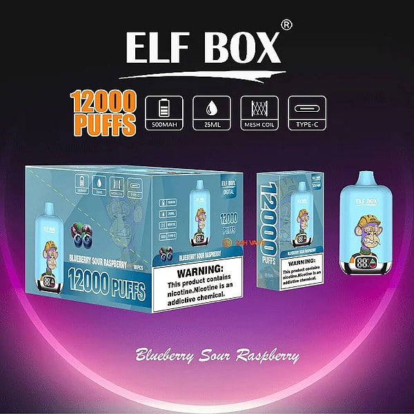 Blue Elf Box disposable vape packaging and matching light-blue device set against a purple gradient background, featuring large 'ELF BOX' branding and '12000 PUFFS' claim, icons for 500mAh battery, 25ml e-liquid, mesh coil and Type-C charging, 'Blueberry Sour Raspberry' flavor text, a cartoon monkey illustration on the device, and a nicotine warning label.