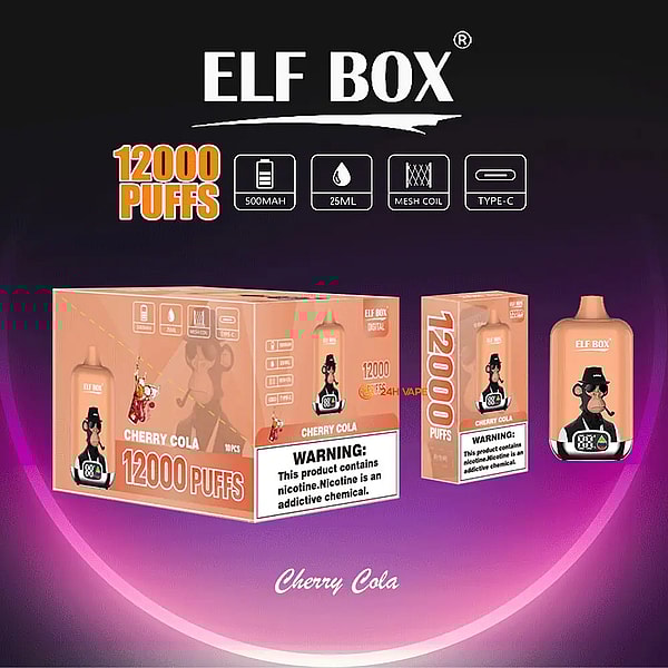 ELF BOX Cherry Cola disposable vape packaging displayed against a purple gradient background, featuring a large box and two units with prominent "12000 PUFFS" branding, icons for 500mAh, 25ml, mesh coil and Type-C, and a visible nicotine warning label.