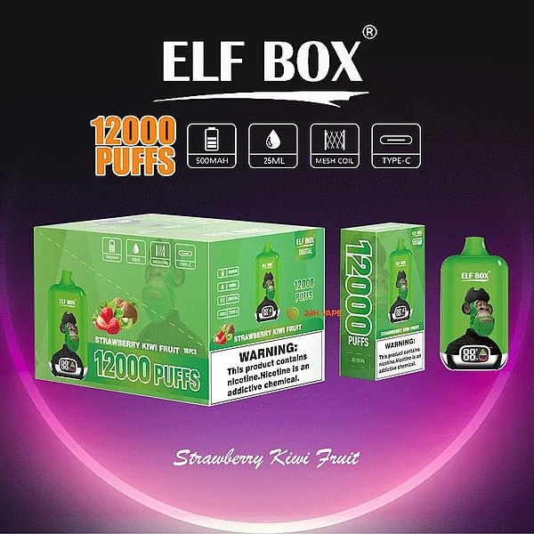 Green ELF BOX disposable vape packaging and device on a purple gradient background, prominently labeled 12000 PUFFS with icons for 500mAh, 25ml, mesh coil and Type‑C, flavor noted as Strawberry Kiwi Fruit, a nicotine warning on the boxes, and a green vape device showing a cartoon monkey graphic.