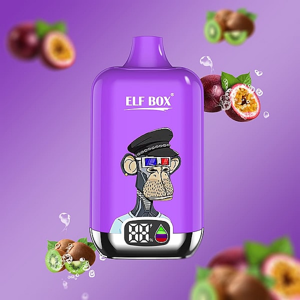 Purple ELF BOX device centered on a purple gradient background with a cartoon ape wearing a black cap and red-and-blue 3D glasses printed on the front, a small digital display at the base, and floating passionfruit and kiwi slices around it