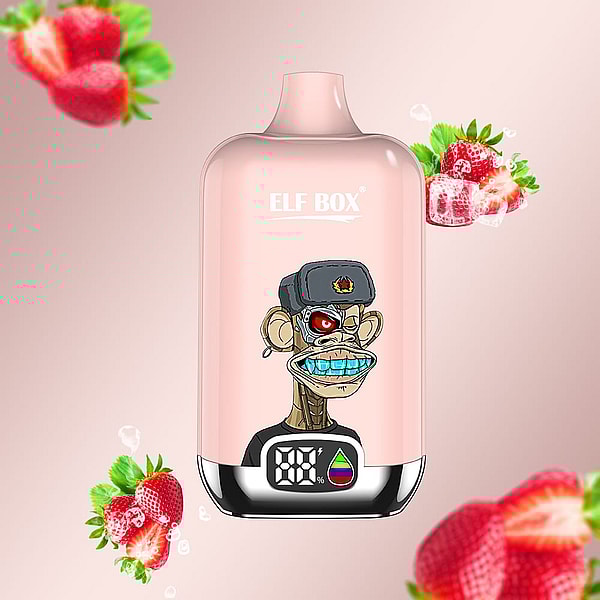 Pink ELF BOX vape device with a digital percentage display and a sticker of a grinning cyborg ape wearing a fur ushanka and a red mechanical eye, shown against a soft pink background with fresh strawberries and ice cubes.