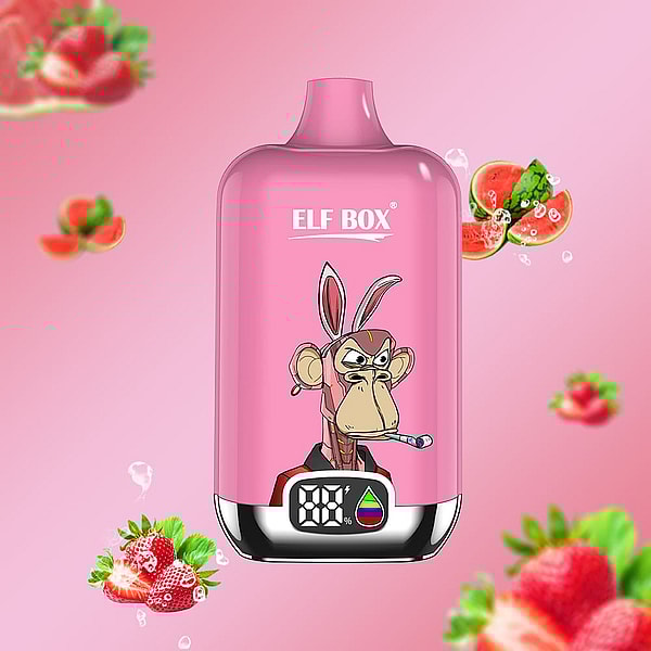 Pink ELF BOX vape device featuring a cartoon angry ape wearing bunny ears and holding a cigarette on its front, with a digital percentage display and droplet icon at the base, set against a soft pink background with floating strawberries and watermelon slices.