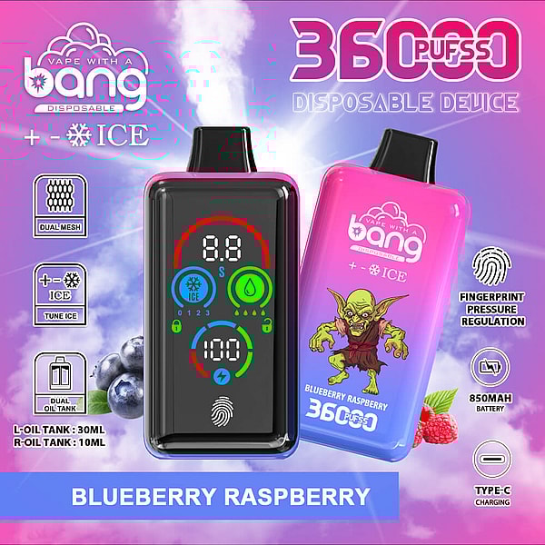 Two gradient pink-and-blue Bang disposable vape devices—one front-facing with a black touchscreen showing colorful icons and a numeric readout, the other showing a goblin illustration and the label Blueberry Raspberry 360 puffs—set on a purple-pink cloudy background with icons indicating ICE mode, dual mesh, dual oil tanks, 850mAh battery, fingerprint pressure regulation, and Type-C charging.