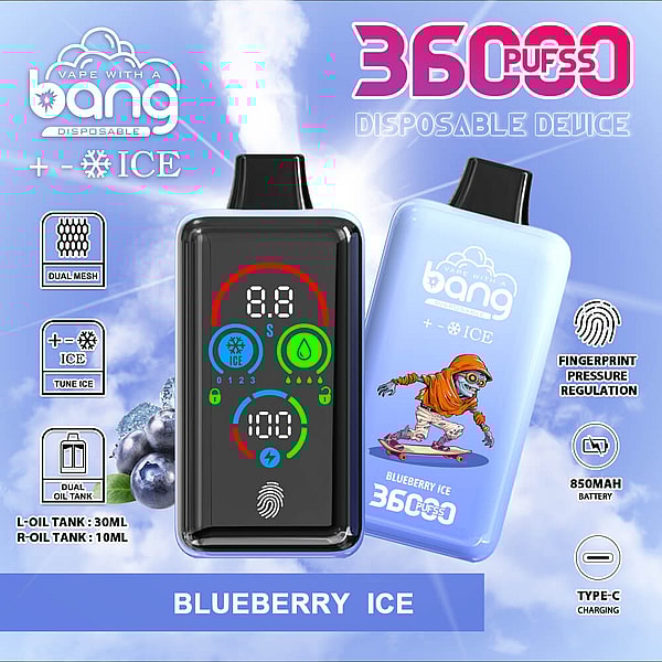 Promotional image for a Bang disposable vape in Blueberry Ice flavor showing two devices — a black front-facing unit with a colorful digital display and a light-blue back-facing unit illustrated with a skateboarding character — surrounded by icons and text highlighting 36,000 puffs, dual mesh coils, tuneable ice effect, dual oil tanks (L 30 ml, R 10 ml), fingerprint pressure regulation, 850 mAh battery, Type-C charging, and blueberries.