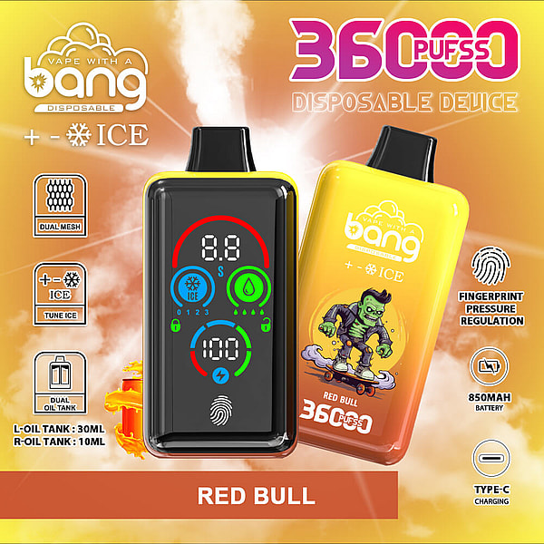 Bright promotional poster for Bang disposable vape 'Red Bull' showing a black unit with a colorful digital display and fingerprint icon next to a yellow unit decorated with a green zombie on a skateboard, surrounded by labels and icons for 36000 puffs, +ICE, dual mesh, adjustable ice, dual oil tanks (L 30ml, R 10ml), fingerprint pressure regulation, 850mAh battery and Type-C charging.