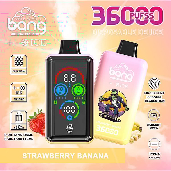 Two pink-to-yellow gradient 'Bang' disposable vape devices labeled "Strawberry Banana 3600 puffs"—one showing a colored LED display with ice, droplet, battery and fingerprint icons—surrounded by feature icons (dual mesh, dual oil tank, 850mAh battery, Type-C charging) and strawberry and banana accents.