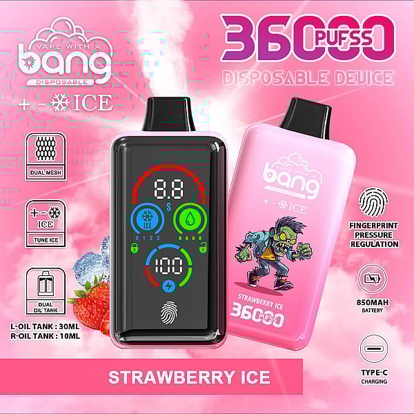 Pink advertisement for a Bang disposable vape labeled “Strawberry Ice,” showing a black-front device with a colorful digital screen and fingerprint icon beside a pink-back device with a cartoon zombie, strawberries and ice graphics, and icons indicating 360000 puffs, dual oil tanks, ICE tuning, fingerprint pressure regulation, 850mAh battery and Type‑C charging.