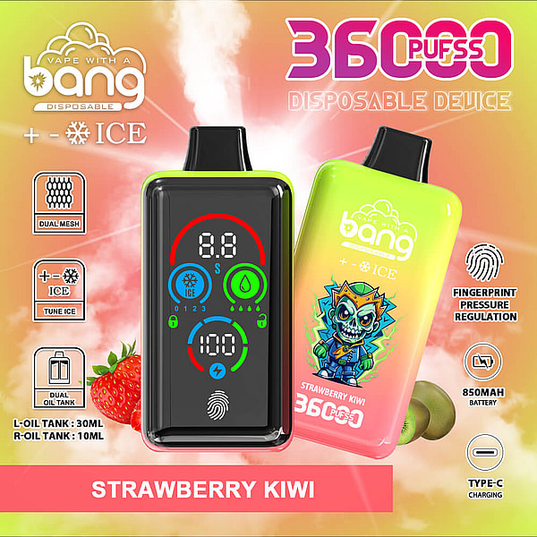 Colorful advertisement showing two Bang disposable vape devices—one black front-facing unit with a digital display and fingerprint icon and one gradient strawberry‑kiwi unit with a cartoon skull—prominently labeled 360 puffs and STRAWBERRY KIWI, with icons for ice flavor, dual mesh, dual oil tanks, fingerprint pressure regulation, 850mAh battery, and Type‑C charging.