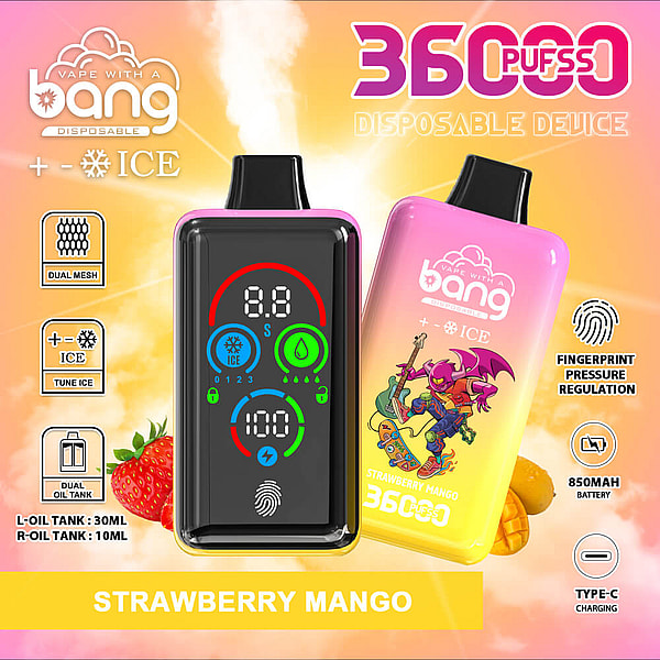 Bright pink-to-yellow ad for a Bang Strawberry Mango disposable vape showing two devices — a black-front unit with a colorful digital display and fingerprint icon and a gradient back unit with a skateboarder cartoon — surrounded by icons and text for 360 puffs, ICE cooling, dual mesh and dual oil tanks, 850mAh battery and Type-C charging, with strawberries and mango fruit in the background.